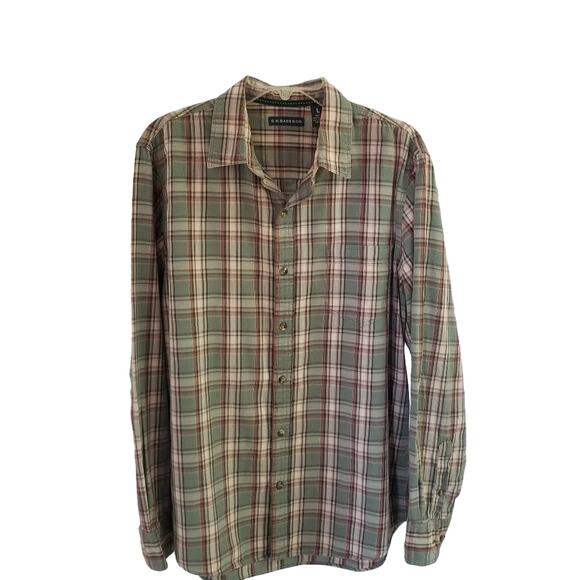 GH Bass & Co Men's Green & Tan Plaid button down Long Sleeve Shirt Size LG - Picture 1 of 6